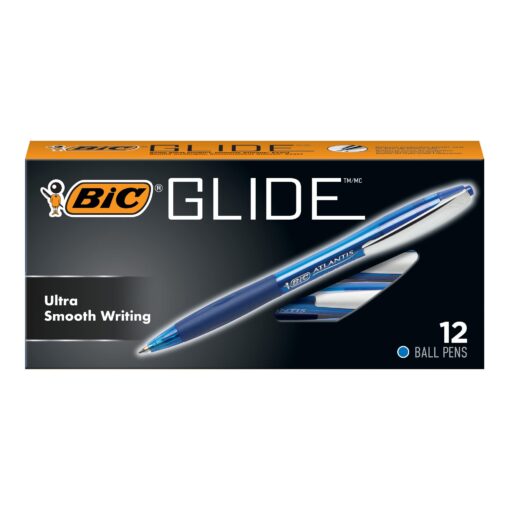 BIC Glide Retractable Ball Pen, Medium Point (1.0 mm), Blue, Comfortable Rubber Grip for Smooth Writing, 12-Count 12 Count (Pack of 1)