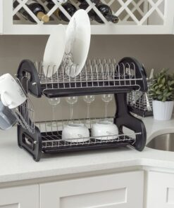 Home Basics Plastic 2-Tier Dish Drainer Rack, Air Drying and Organizing Dishes, Side Mounted Cutlery Holder, Black 15 61ve76JvL2L