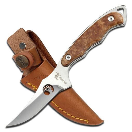 Elk Ridge ER-059 Series Fixed Blade Hunting Knife, Straight Edge Blade, Wood Handle, 7-Inch Length Maple Burl Wood