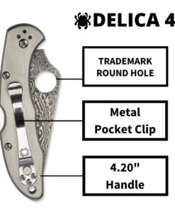 Spyderco - Delica 4 Titanium Handled Damascau Knife with PlainEdge Stainless Steel Blade - Trademarked Round Hole - Back Lock Mechanism - C11TIPD Titanium Handle 11 61vrQ4K SfL