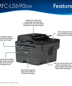 Brother MFC-L2690DW Monochrome Laser All-in-One Printer, Print Scan Copy Fax, Auto 2-Sided Printing, Wireless Connectivity, 26ppm, 250-sheet, Compatible with Alexa, Bundle with JAWFOAL Printer Cable 9 61vxGbeVCnS 1