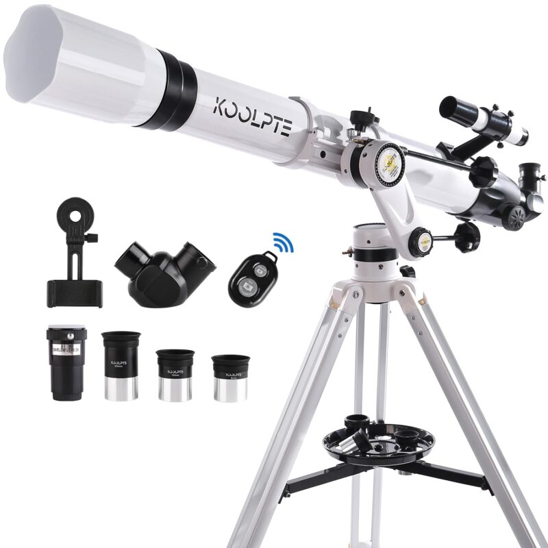 Catalog 8 Telescope 90mm Aperture 900mm - Vertisteel AZ Mount Base, High Precision Adjustment, Magnification 45-450x, Wireless Remote, Phone Adapter - Ideal for Astronomy Enthusiasts and Beginners (White) White-90900