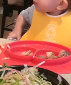 ezpz Mini Mat (Coral) - 100% Silicone Suction Plate with Built-in Placemat for Infants + Toddlers - First Foods + Self-Feeding - Comes with a Reusable Travel Bag - 6 Months+ Coral 32 61wZoJgsqyL