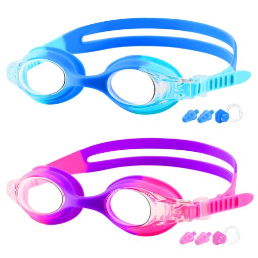 COOLOO Kids Goggles for Swimming for Age 3-15, 2 Pack Kids Swim Goggles with Nose Cover, No Leaking, Anti-Fog, Waterproof A-blue & Purple