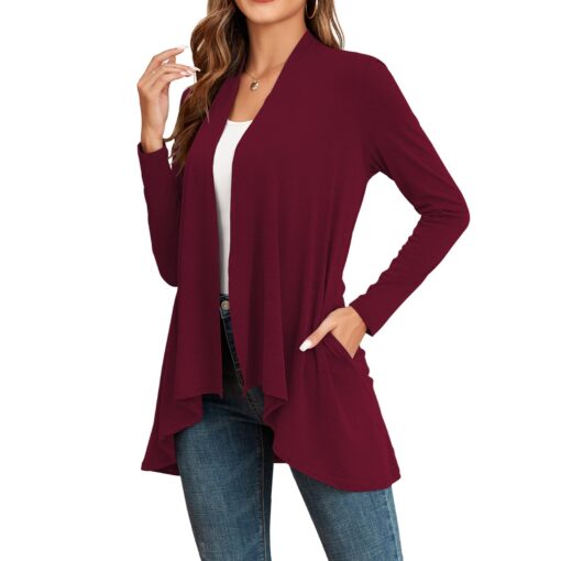 Women's Casual Long Sleeve Open Front Lightweight Drape Cardigans with Pockets Wine Red 12-14