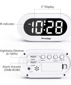 REACHER Small LED Digital Alarm Clock with Snooze, Simple to Operate, Full Range Brightness Dimmer, Adjustable Alarm Volume, Outlet Powered Compact Clock for Bedrooms, Bedside, Desk, Shelf(White) White Digit 23 61wz5jla8L