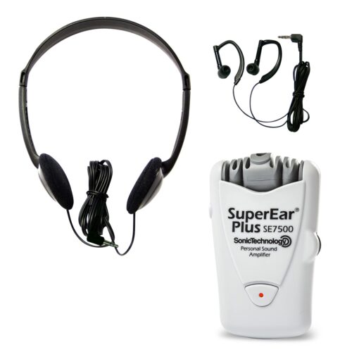 SuperEar Plus SE7500 Personal Sound Amplifier (PSAP), Pocket Sound Amplifier, Headphones & Discreet Earbuds w/Auto Shut off & Case, On/Off Volume Control for Adults, Audiologists, Seniors