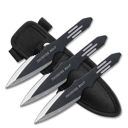 BladesUSA Perfect Point Throwing Knives – Set of 3 – Black/Satin Finish Blades w/ Thunder Bolt Etching, Black Stainless Steel Handles, Nylon Sheath, Full Tang, Well Balanced, Sport Knives – RC-595-3 5.5"