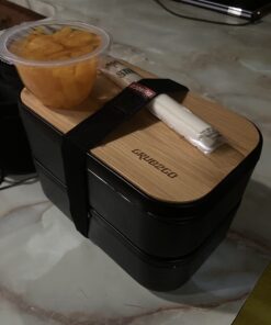 GRUB2GO Premium Bento Lunch Box (Large 68 Oz Capacity) | 2023 Exclusive, 70% Bigger | Includes Bamboo Chopping Board Lid, Carry Bag, 2 Dividers, Utensils, Sauce Container Premium 2021 Model: Executive Black (68 OZ) 54 61xrcX5n VL