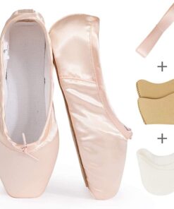 KUKOME Ballet Dance Shoes Pink Satin Pointe Shoes with Ribbon and Toe Pads for Ladies 9 26 61xrtxnzCTL