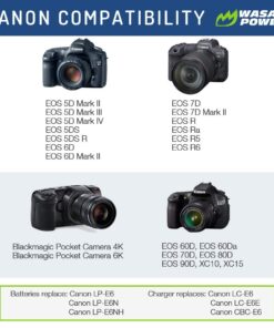 Alternative view of Wasabi Power LP-E6, LP-E6N Battery (2-Pack) and Charger for Canon EOS 5D Mark II/III/IV, 5DS, 5DS R, 6D, 6D Mark II, 7D, 7D Mark II, 60D, 70D, 80D, 90D, R, R5, R6, Ra, XC10, XC15, BMPCC 4K, BMPCC 6K 2 Batteries + Charger