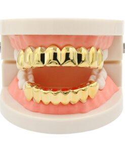 JINAO 18K Gold Plated Gold Finish 8 Top Teeth 8 Bottom Tooth Hip Hop Mouth Grills for Men and Women Gold Set 18 61y8T68NKFL