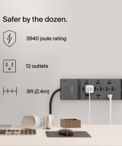 Alternative view of Belkin Power Strip Surge Protector - 12 AC Multiple Outlets & 8 ft Long Flat Plug Heavy Duty Extension Cord for Home, Office, Travel, Computer Desktop, Laptop & Phone Charging Brick (3,940 Joules) 12 Outlet Strip + Cable & Phone protection