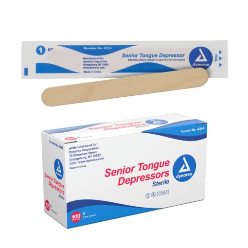 Dynarex Tongue Depressors, Sterile, 6" Senior-Sized Length, Made from Beige Birch Wood, Comes in Peel-Down Patches, 1 Box of 100 100 Count (Pack of 1)