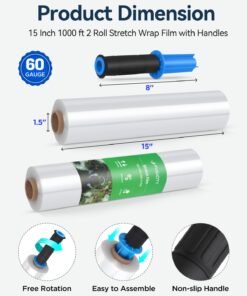 Stretch Wrap Film-2 Pack 15 inch Wide 1000ft Heavy Duty Shrink Wrap,60 Gauge 500% Stretch Industrial Strength for Pallet Wrap, Furniture Wrapping Moving & Protection,2 Roll with Handles 2 Pack(with Handles) 7 61yLbn51C5L