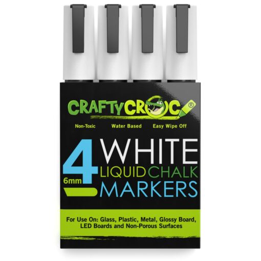 Crafty Croc 4 White Liquid Chalk Markers, 6mm Reversible Medium Tip 4 Count (Pack of 1)