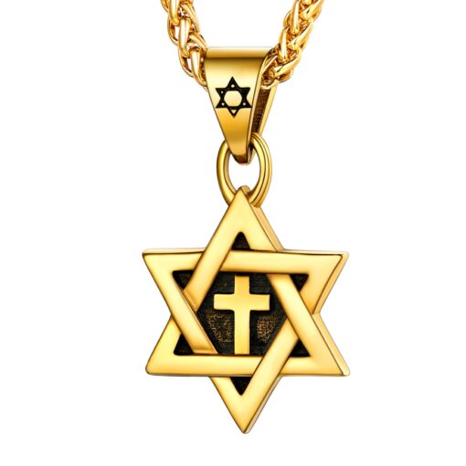 U7 Star of David Necklace for Men Women Gold/Stainless Steel Hexagon Pendant with Cross/Ruby Stone/Classic Jewish Isael Necklaces, Length 22" 24" 26" 02-Star of David with Cross-Gold