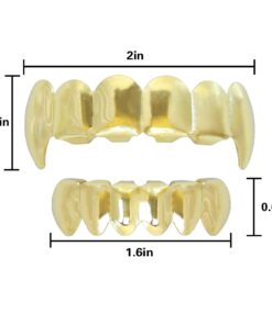 24K Plated Gold Grillz Vampire Fangs Caps Top And Bottom Grill Set Mouth Teeth For Son Gift + Extra Molding Bars + Microfiber Cloth 10 61z O57rJtL
