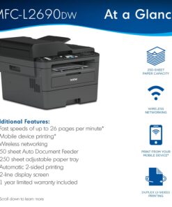 Brother MFC-L2690DW Monochrome Laser All-in-One Printer, Print Scan Copy Fax, Auto 2-Sided Printing, Wireless Connectivity, 26ppm, 250-sheet, Compatible with Alexa, Bundle with JAWFOAL Printer Cable 8 61z4Db5ybML