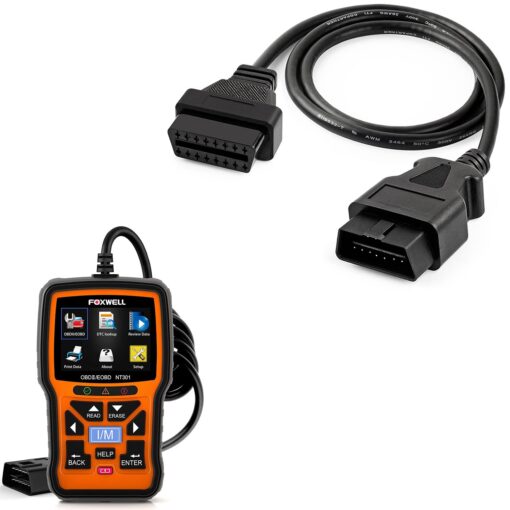 OBD2 OBD II 16Pin Male to Female Diagnostic Extension Convert Cable Adapter 1m/ 39inch and NT301 OBD2 Scanner Live Data Professional