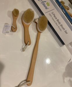 Dry Brushing Body Brush Set with 100% Natural Boar Bristles (Set of 3) | Skin Exfoliating Kit with Long Detachable Back Brush, Contour Body and Face Brushes | Lymphatic Drainage, Cellulite Treatment 30 61zTQKVjf8L