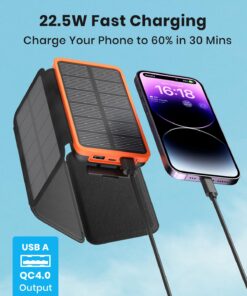 FEELLE Solar Charger Power Bank - 27000mAh Solar Power Bank 22.5W Fast Charging Portable Phone Charger PD QC 4.0 External Battery Pack USB C in/Output with 4 Solar Panels for Phone Outdoor Orange 8 71 3JoopabL
