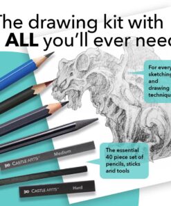 Castle Art Supplies Graphite Drawing Pencils and Sketch Set (40-Piece Kit), Complete Artist Kit Includes Charcoals, Pastels and Zippered Carry Case, Rare Pop-Up Stand 21 71 5IHY99ML