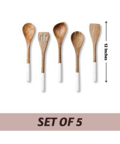 Folkulture Wooden Spoons for Cooking Set for Kitchen, Non Stick Cookware Tools or Utensils Includes Wooden Spoon, Spatula, Fork, Slotted Turner, Corner Spoon, Set of 5, 12 Inch, Acacia Wood (White) White 21 71 OVzPxzEL