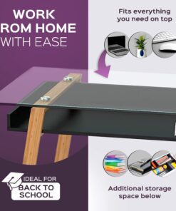 bonVIVO Massimo Small Desk - 43 Inch, Modern Computer Desk for Small Spaces, Living Room, Office and Bedroom - Study Table w/Glass Top and Shelf Space - White White/Glass 43" Desk 33 71 VLXgJoL