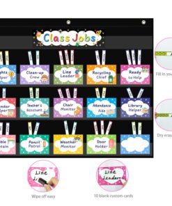REGELETO Class Jobs Pocket Chart with 70 Colorful Dry Erase Cards and 3 Hooks,Class Management Educational Pocket Chart Teacher's Helper Size: 24.5”x21.8”inch Bulletin Board for Classroom (Black) 16-Pockets 24 71 VOPbBpAL