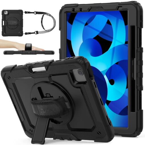 SEYMAC stock Case for iPad Air 5th/4th Generation/Pro 11 (4th/3rd/2nd), Full-Body Drop Protection Case with Screen Protector Pen Holder 360° Rotate Hand Strap/Stand for iPad 10.9/11(Black) iPad Air 5th/4th Gen 10.9 inch/ Pro 11 inch Black