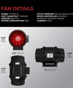 Alternative view of TerraBloom 6 Inch (150mm) Inline Fan - 395 CFM Exhaust Duct Fan, Built-In Speed Controller, ETL Listed, Pre-Wired 6 FT Grounded Cord - For Use In Grow Tents With Carbon Filters, Fixtures, Attics 6" Inline Fan (395 CFM)