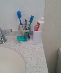 mDesign Plastic Toothbrush Storage Organizer Holder with Cup for Bathroom, Vanity, Countertop Space - Holds Brushes, Toothpaste, Floss, Dental Accessories - White/Satin 35 71 aUIXl1bL