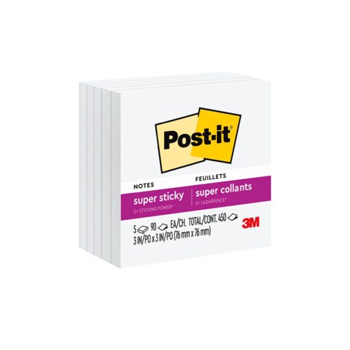 Post-it Super Sticky Notes, 3x3 in, 5 Pads, 2x the Sticking Power, White, Recyclable(654-5SSW)