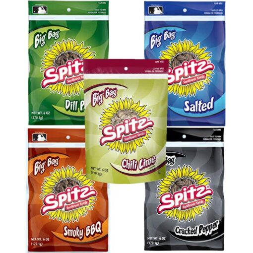 Spitz Sunflower Seeds Variety Bundle, 6 oz (Pack of 5) includes 1 Bag Each of Salted, Cracked Pepper, Smoky BBQ, Dill Pickle and Chili Lime (30oz total)