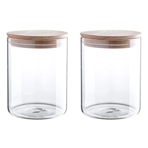 WHOLE HOUSEWARES 24 oz Clear Canister Set with Beech Wood Lids | 2 pcs Food Storage Canister for Kitchen & Pantry Organization and Storage | Ideal for Grains, Sugar, Spices & Herbs set of 2 24oz