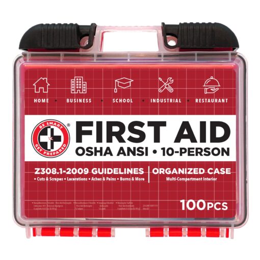 Be Smart Get Prepared 100Piece First Aid Kit, Exceeds OSHA Ansi Standards for 10 People - Office, Home, Car, School, Emergency, Survival, Camping, Hunting, & Sports