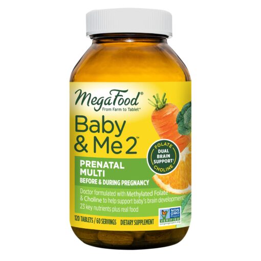 MegaFood Baby & Me 2 Prenatal Vitamin and Minerals - Vitamins for Women - with Folate (Folic Acid Natural Form), Choline, Iron, Iodine, and Vitamin C, Vitamin D and more - 120 Tabs (60 Servings) 120 Count (Pack of 1)