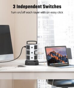 Power Strip Tower Surge Protector, JACKYLED 1625W 13A Outlet Surge Electric Tower, 12 Outlets 6 USB Ports Retractable Cord Charging Station with 16AWG 6.5ft Heavy Duty Extension Cord for Home Office Medium White Black 22 7103Nt3AjbL