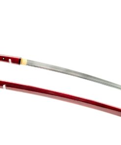 Alternative view of Handmade Sword - Samurai Shirasaya Katana, Hand Forged, 1095 Carbon Steel, Clay Tempered, Full Tang, Sharp, No Tsuba, Red Handle, Red Wooden Scabbard, Sword Certificate