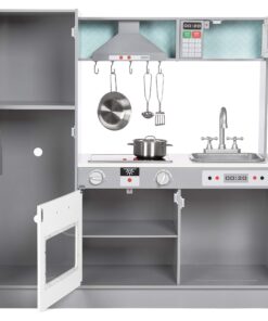 Amazon Basics Kids Upright Wooden Kitchen Toy Playset with Stove, Oven, Sink, Fridge and Accessories, for Toddlers, Preschoolers, Children Age 3+ Years, White & Gray, 39"L x 11.8"W x 39'H' Upright Kitchen 22 7109HzD5gL