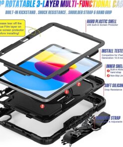 Herize iPad 10th Generation Rugged Protective Case 10.9 Inch with Screen Protector Pen Holder, Handle Shoulder Strap | iPad 10 Case A2757/A2777| Heavy Duty Shockproof | Black 11 710DsKVGdeL
