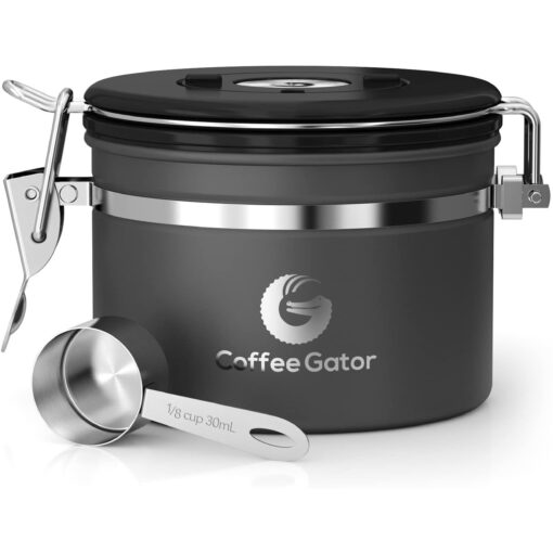 Coffee Gator Stainless Steel Coffee Grounds and Beans Container Canister with Date-Tracker, CO2-Release Valve and Measuring Scoop, Small, Gray 11oz