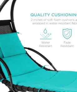 Best Choice Products Outdoor Hanging Curved Steel Chaise Lounge Chair Swing w/Built-in Pillow and Removable Canopy - Teal 27 710KBtf2gsL