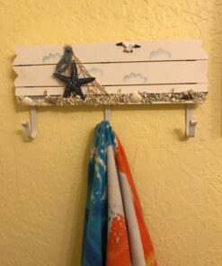 MyGift 13.4 Inch Wall Mounted Wood Nautical Theme Coat Rack with 3 Hooks and Decorative White Sand, Starfish, Seagull and Seashells Design 25 710KMo16a L