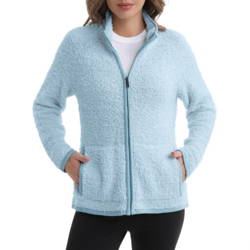 Women's Long Sleeve Zip Up Knit Cardigan with Pockets Stand Collar Full Zip Sweater Coat Lightweight Tops Small A-light Blue