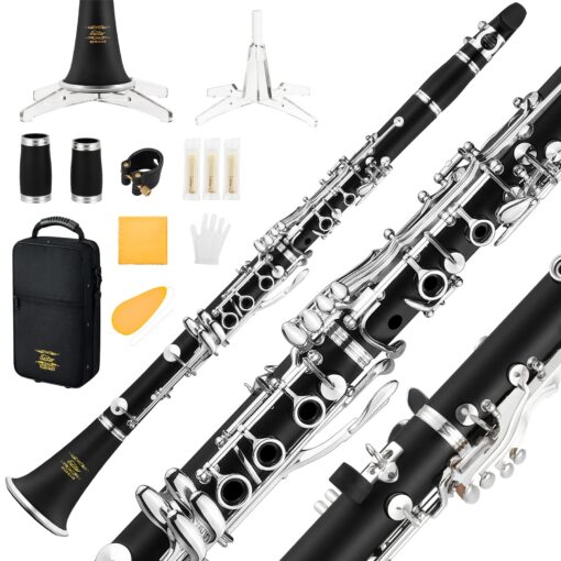 Eastar B Flat Clarinet for Intermediate Beginners, Upgraded Ebonite Bb Clarinet Silver-plated with 2 Barrels, 4C Mouthpiece, Hard Case, Cleaning Kit, ECL-400 Silver keys, Commander style