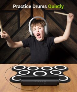 PAXCESS Portable 9 Pad Multifunction Electronic Drum Set with Realistic Sounds, Foot Pedals, Drumsticks, Built-In Speaker, and Rechargeable Battery 17 710PHBXEkL