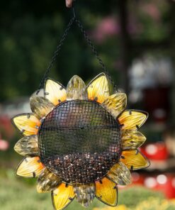 Alternative view of Evergreen Garden Sunflower Metal and Glass Hanging Mesh Bird Feeder - 12.5”W x 3" D x 17" H