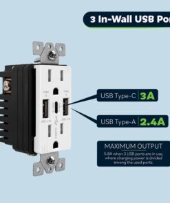Alternative view of TOPGREENER USB Outlet, 5.8A 3-Port Type C Wall 15 Amp Tamper-Resistant Receptacle Plug, Compatible with iPhone 15 Series & More, UL Listed, TU21558AC3-2PCS, White, 2 Pack USB 2A1C Ports 1